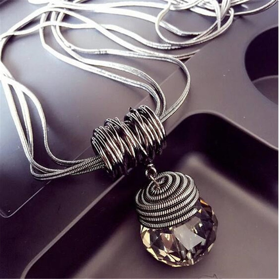 Long Crystal Necklace Women Necklace Black Chain Drops