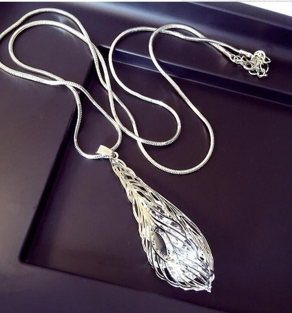 Long Crystal Necklace Women Necklace Black Chain Drops